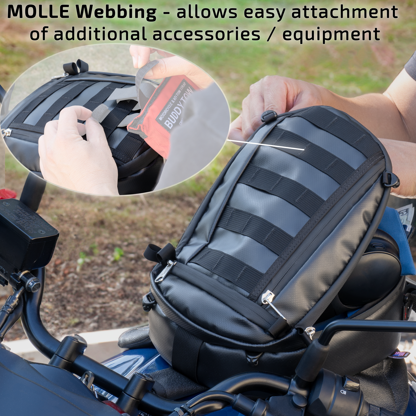 Waterproof vinyl MOLLE tank bag for motorcycles