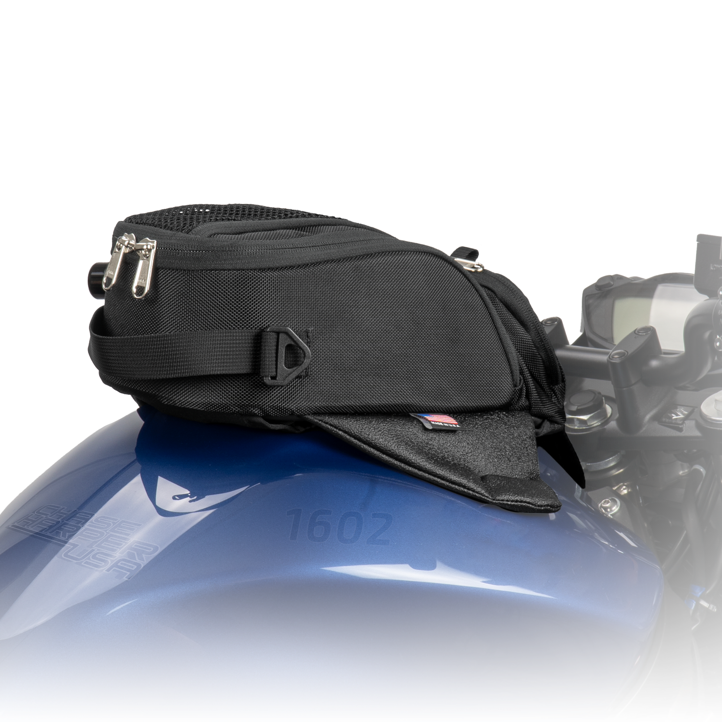 Chase Harper USA 1602X2 Manta Tank Bag displayed on a motorcycle